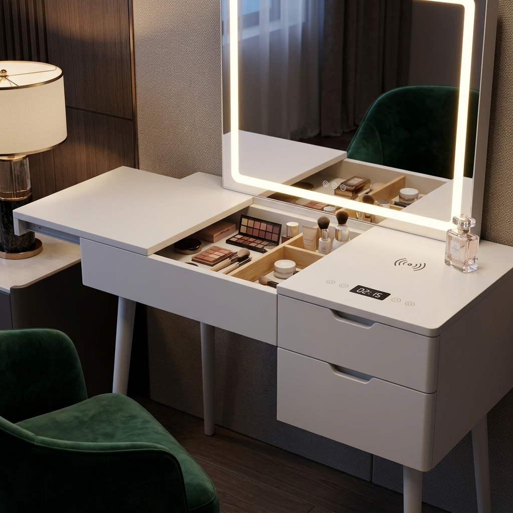 White smart dressing table with LED mirror close-up detail view
