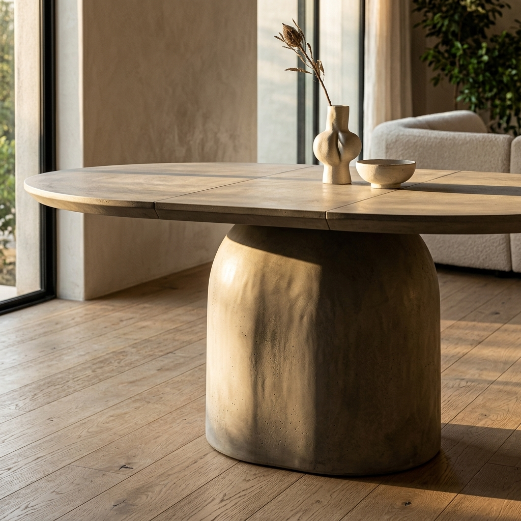 Concrete grey extendable pedestal dining table close-up detail view