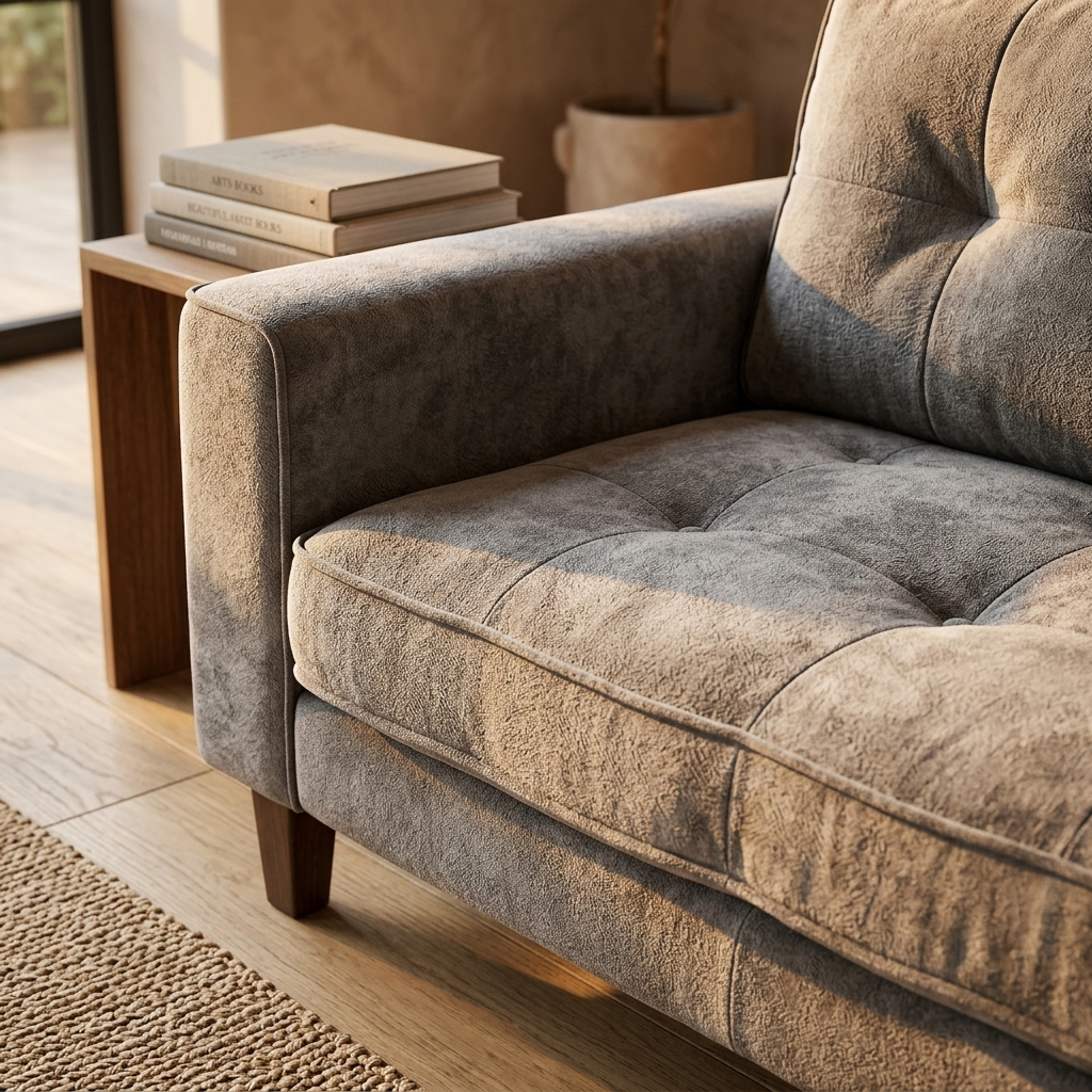 Grey chenille convertible sleeper sofa close-up detail view