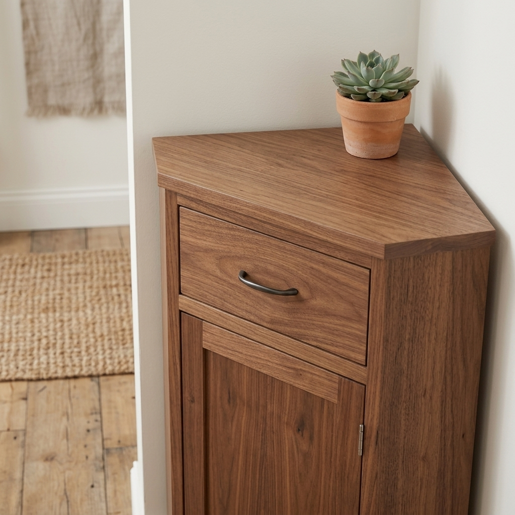 Walnut corner shoe storage cabinet close-up detail view