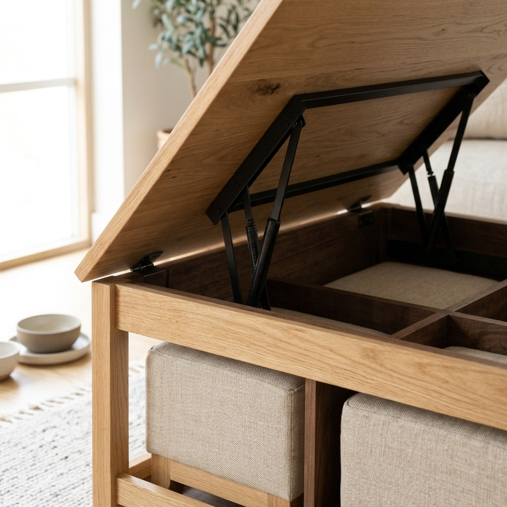 Natural lift-top coffee table with stools close-up detail view