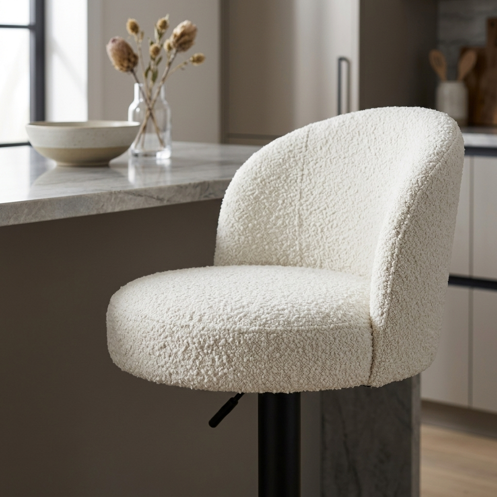 White boucle swivel counter stool close-up detail view