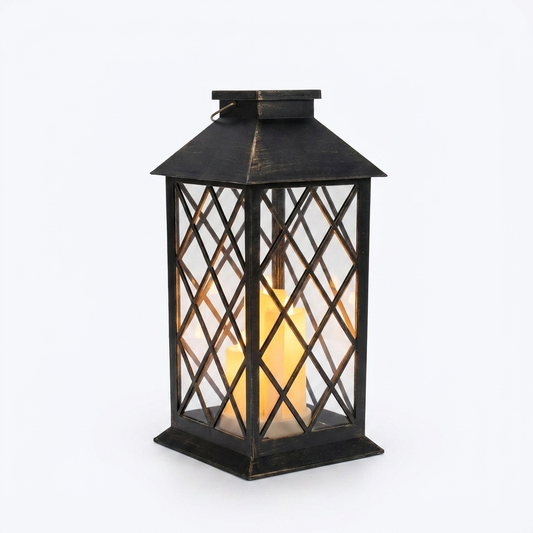 Solar hanging garden lantern with a glass-panelled metal frame and carry handle