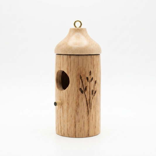 Decorative wooden hummingbird house with a pitched roof