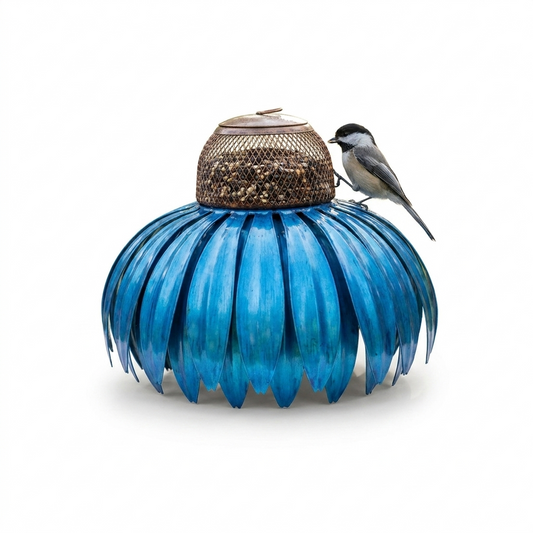 Coneflower garden bird feeder on a metal stake