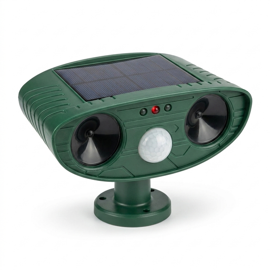 Solar ultrasonic woodpecker deterrent with a stake mount