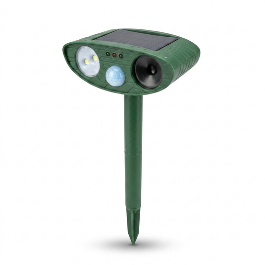 Solar ultrasonic pest and animal repellent with a solar panel