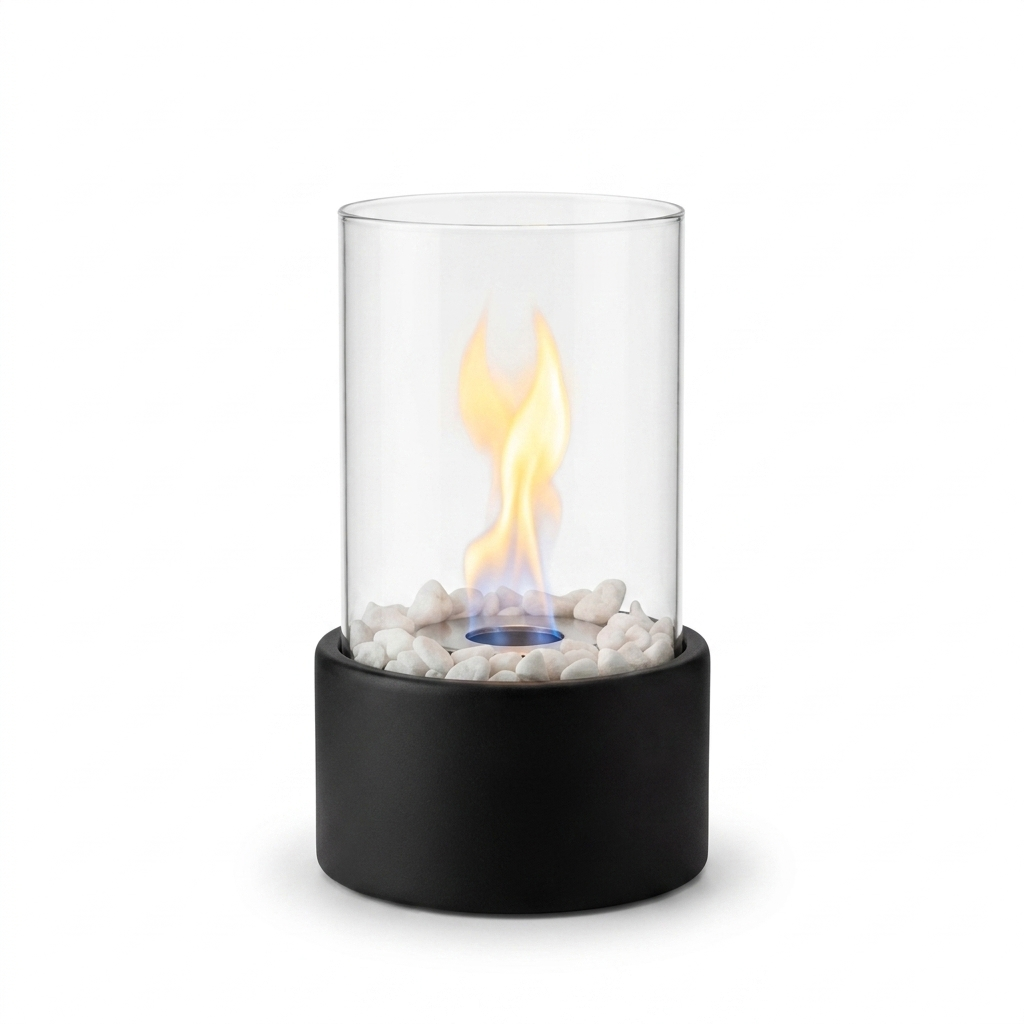 Glass Tabletop Fireplace white background