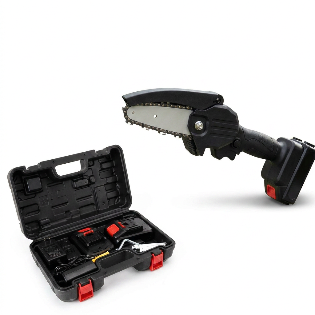 Mini Chainsaw Cordless white background