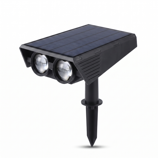 Colour-changing solar garden spotlights with ground stakes