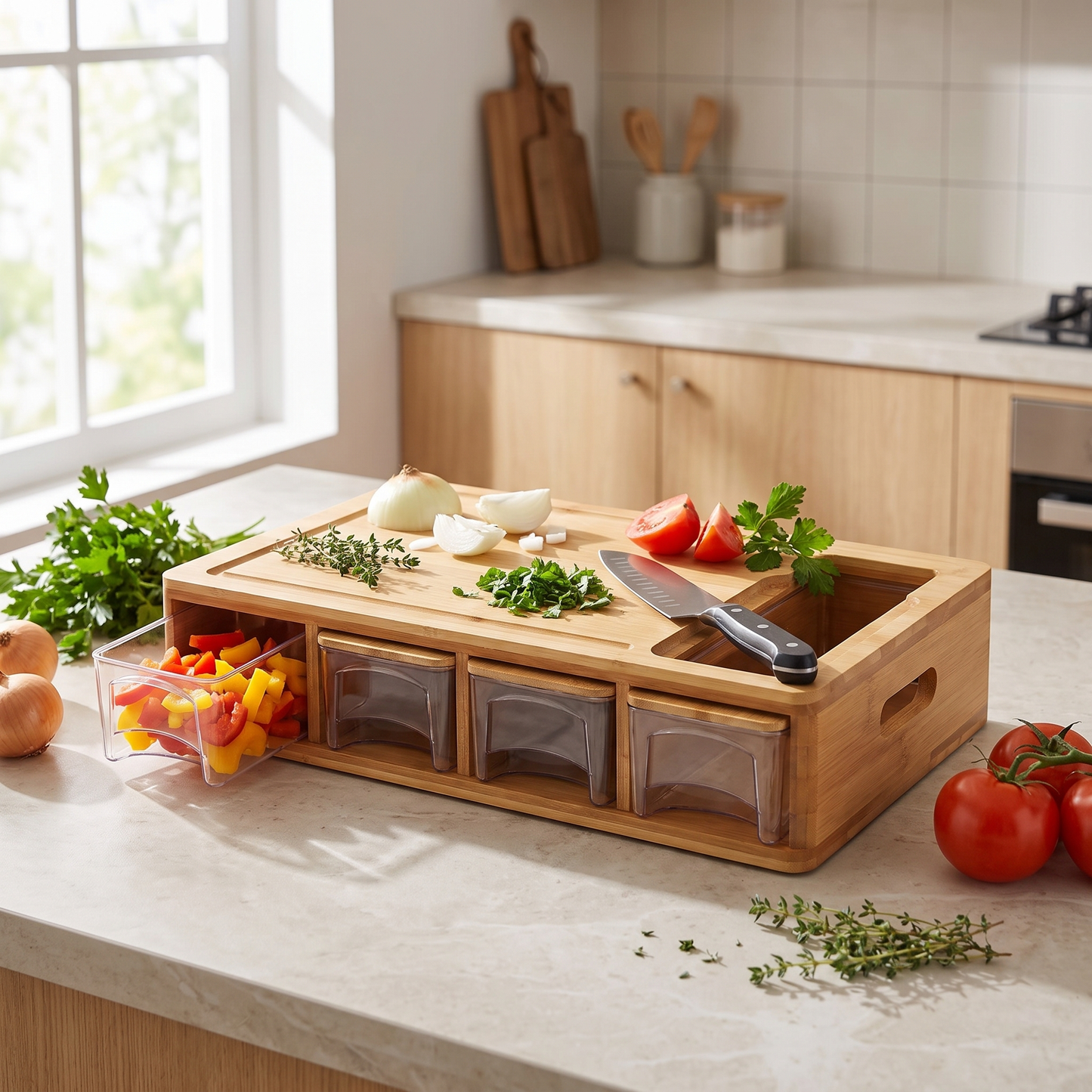 Bamboo Cutting Board with Storage Trays lifestyle 1