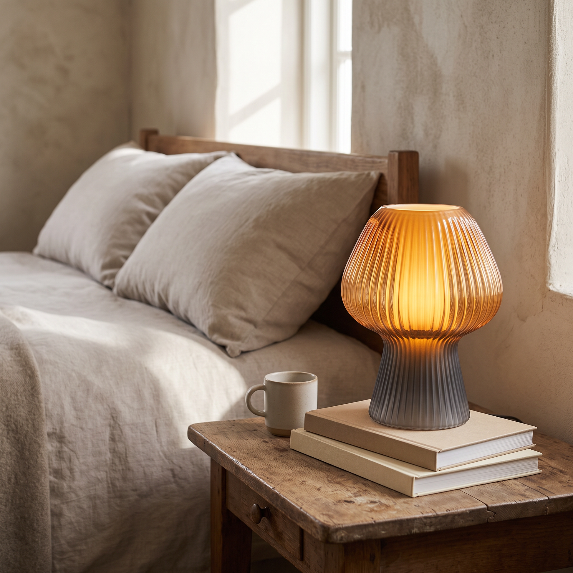 Vintage Bedside Table Lamp Ribbed Glass Mushroom Lamp lifestyle 1
