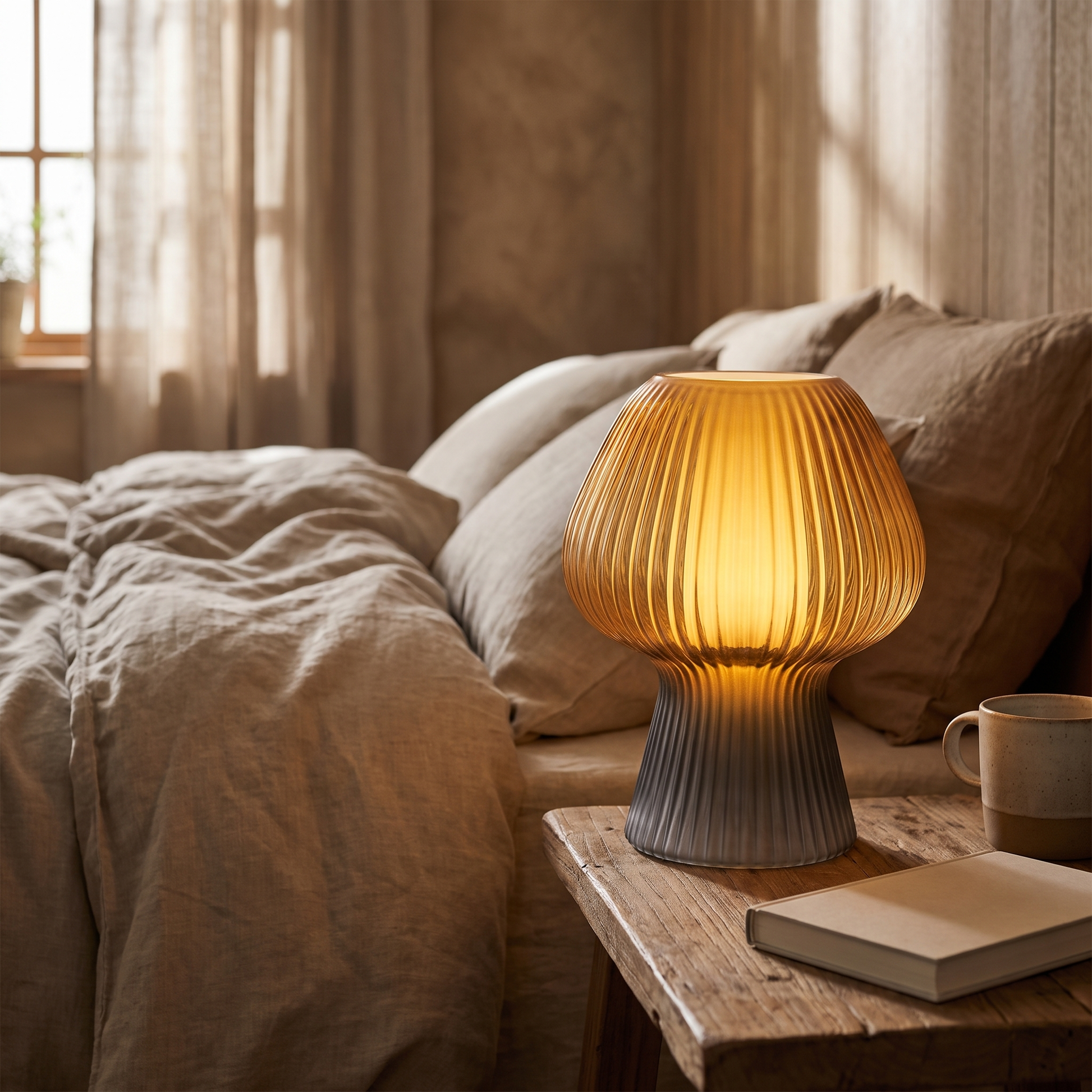 Vintage Bedside Table Lamp Ribbed Glass Mushroom Lamp lifestyle 2