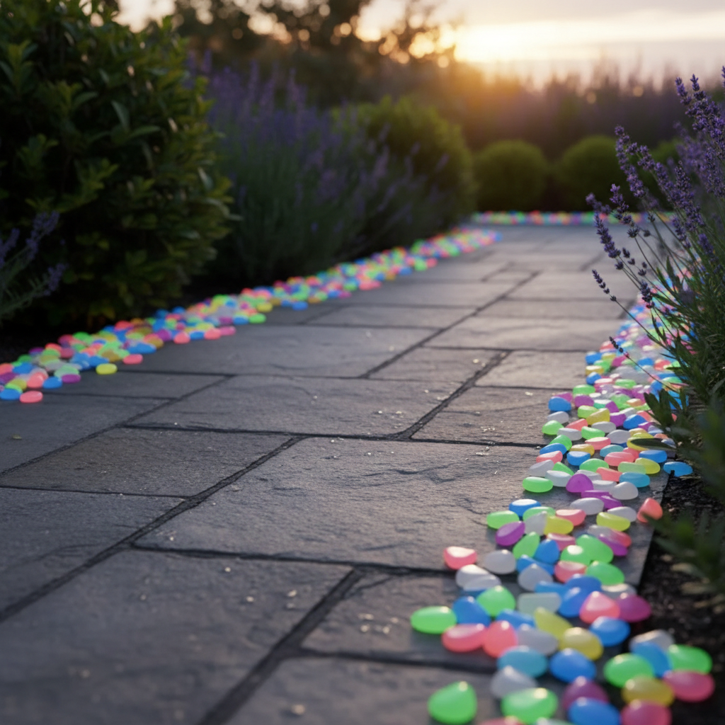 Glowing garden pebbles scattered along a walkway at night