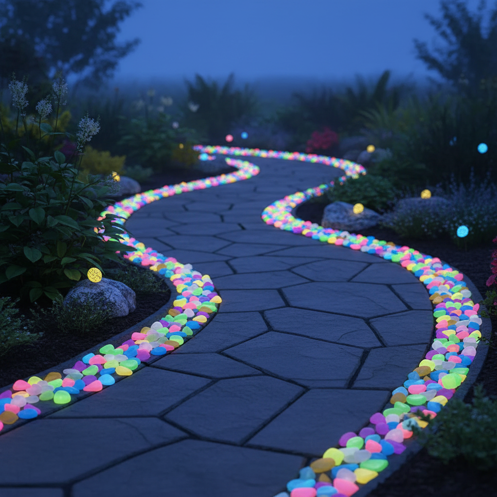 Glow-in-the-dark pebbles used as decoration in a garden bed