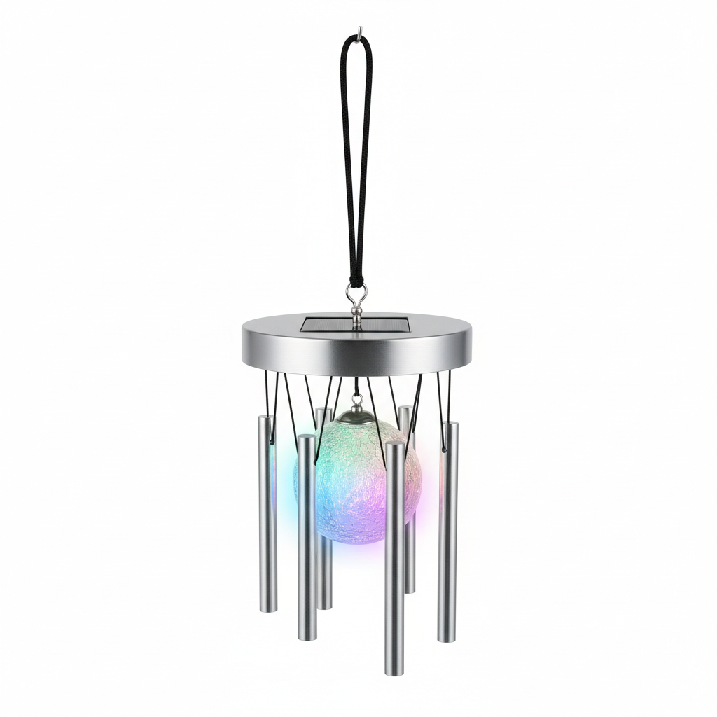 Solar LED colour-changing wind chimes with crackle glass ball on white background