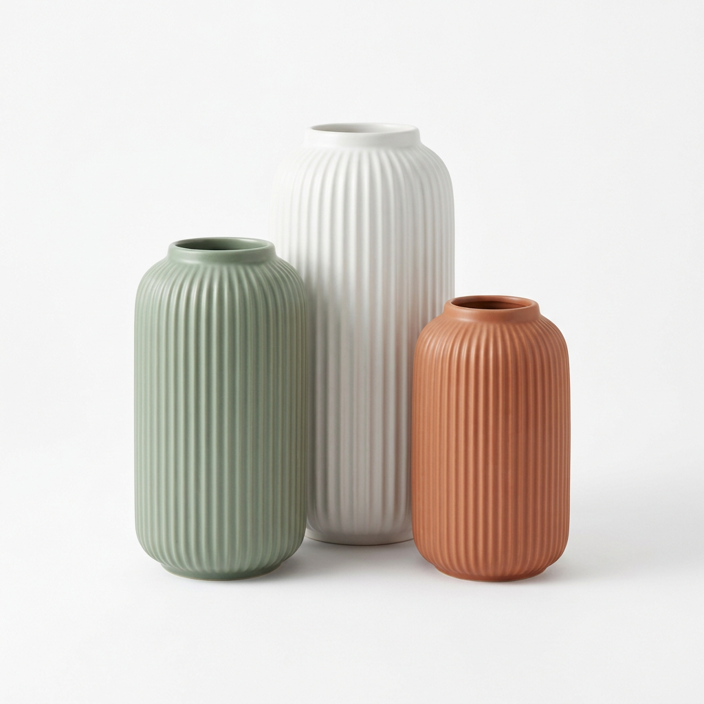 Ribbed ceramic vase set on white background