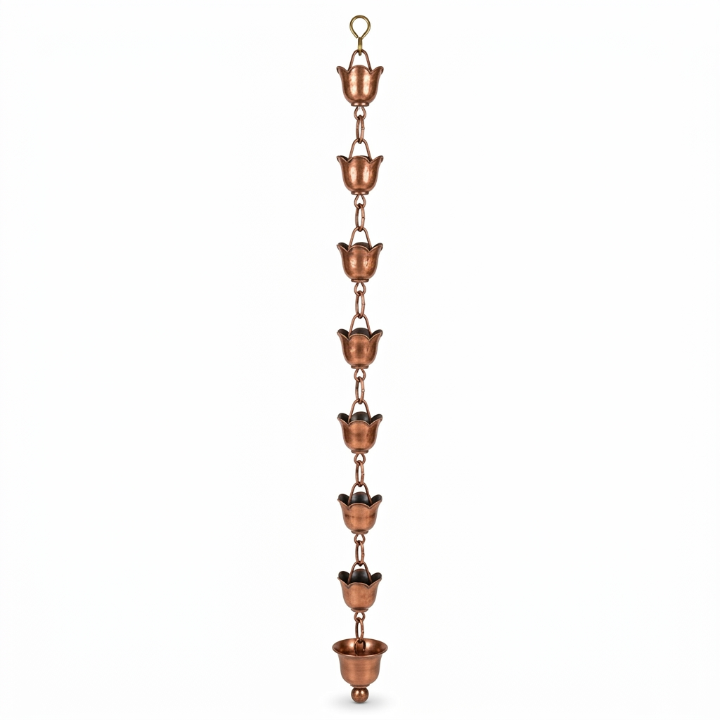 Copper-finish rain chain on white background