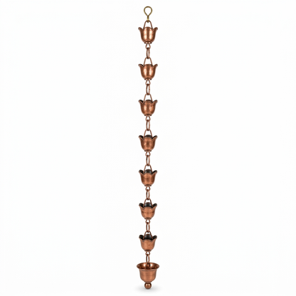 Copper-finish rain chain on white background