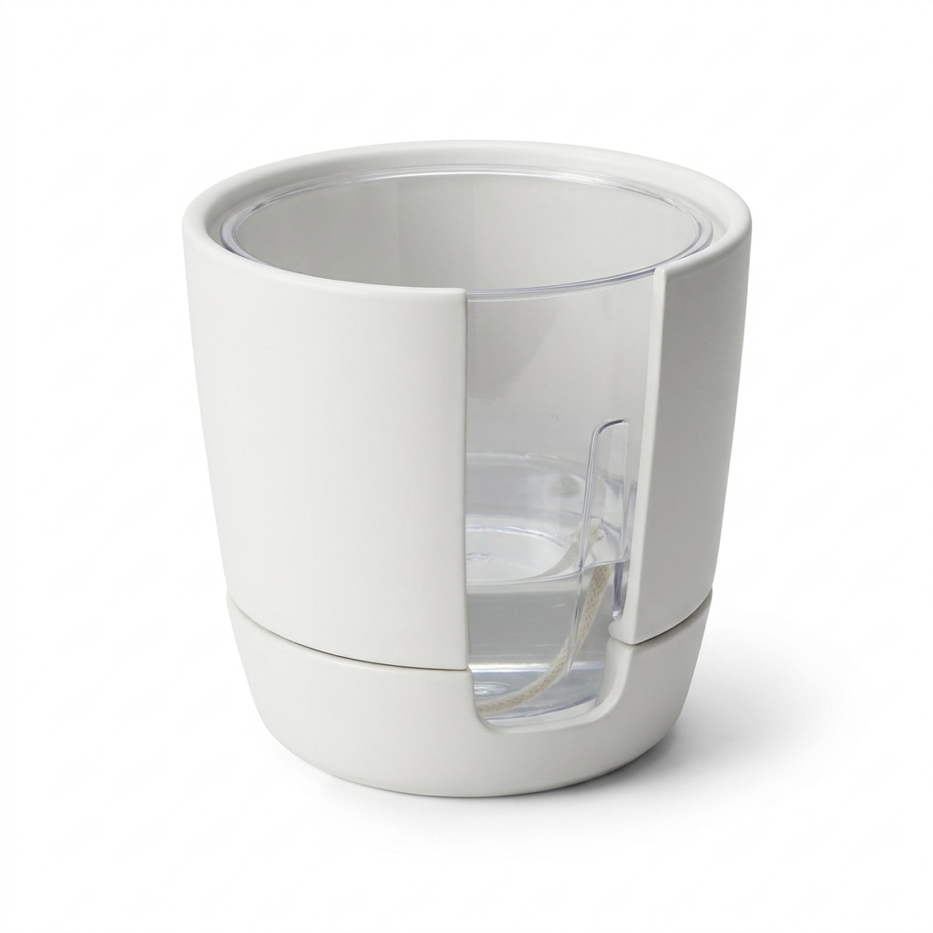 Self-watering ceramic planter pot on white background