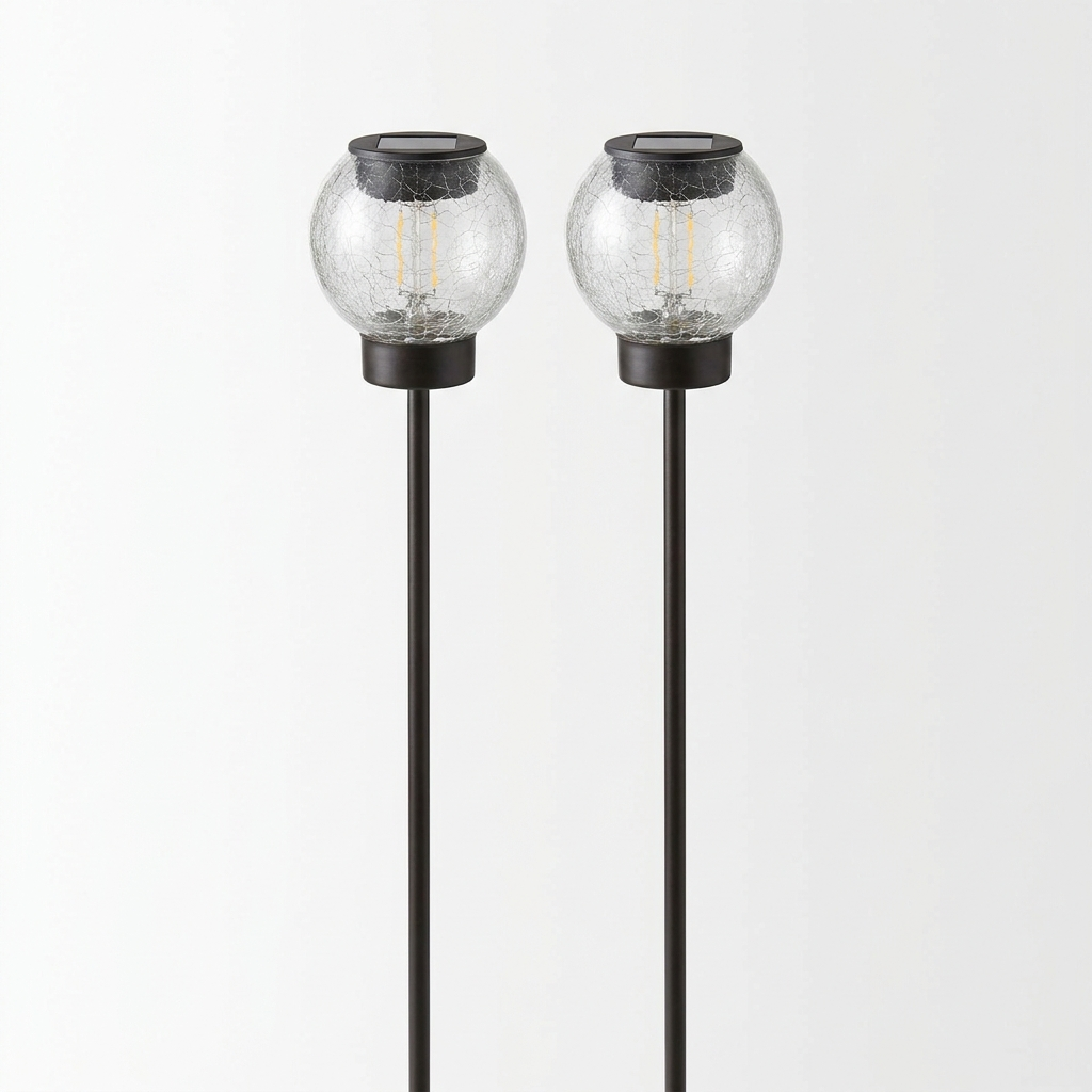 Solar crackle glass ball garden stake lights on white background
