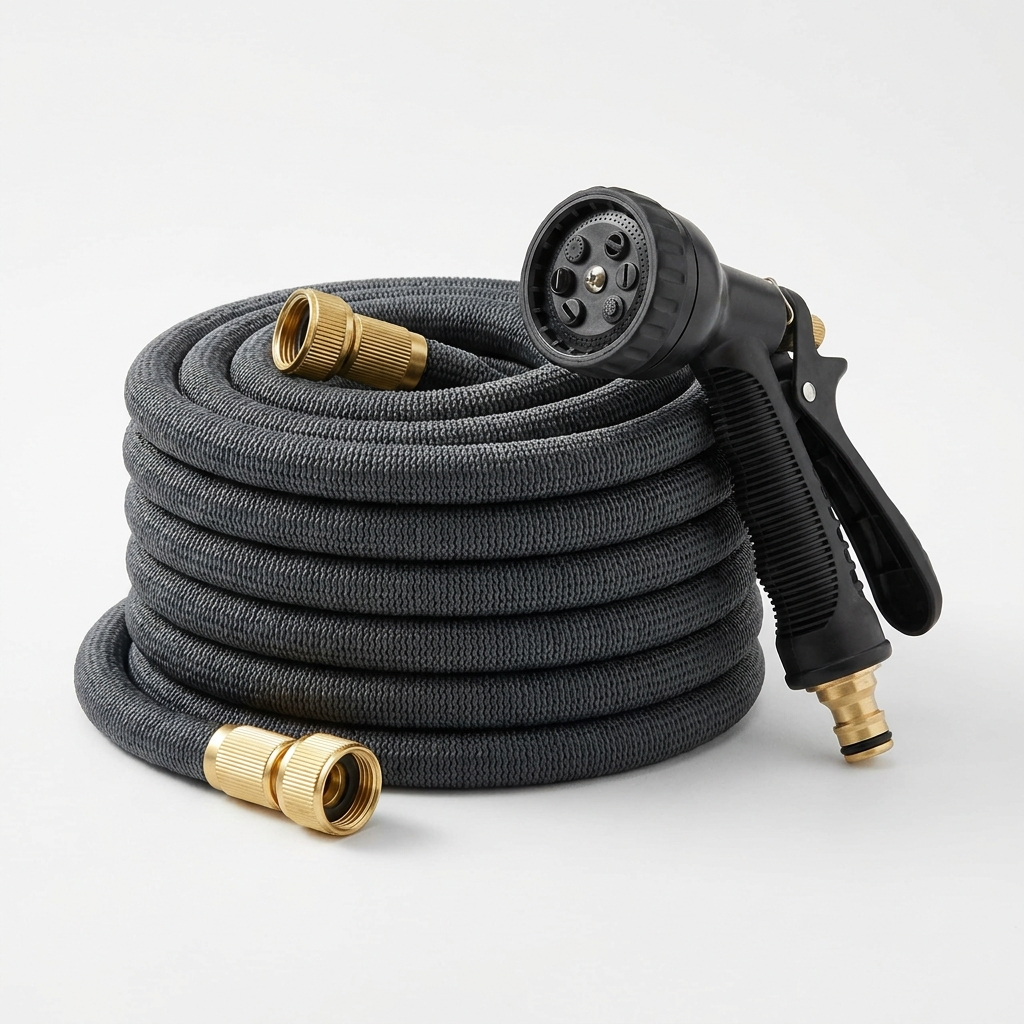 Expandable garden hose with spray nozzle on white background