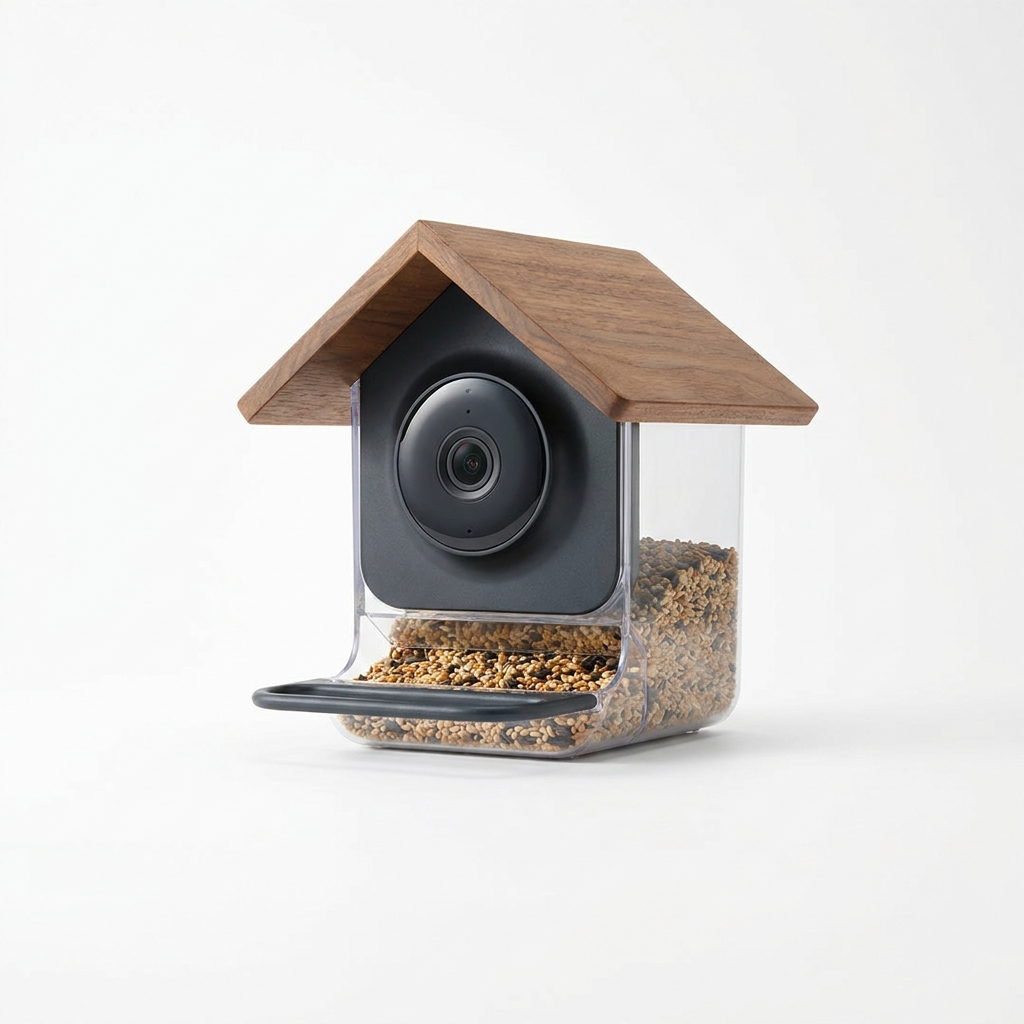 Smart bird feeder with camera on white background
