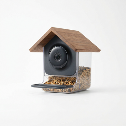 Smart bird feeder with camera on white background