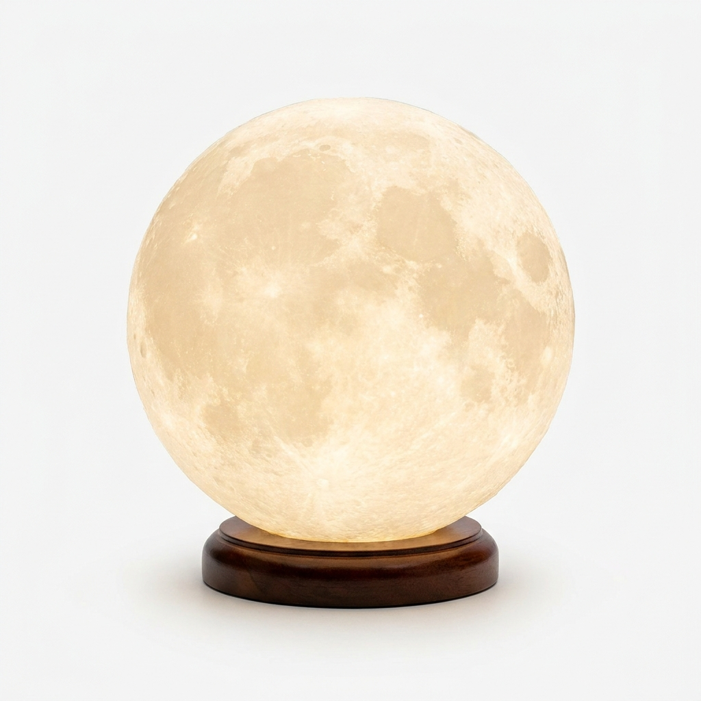 3D moon lamp with wooden stand on white background
