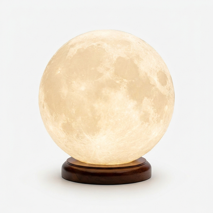3D moon lamp with wooden stand on white background