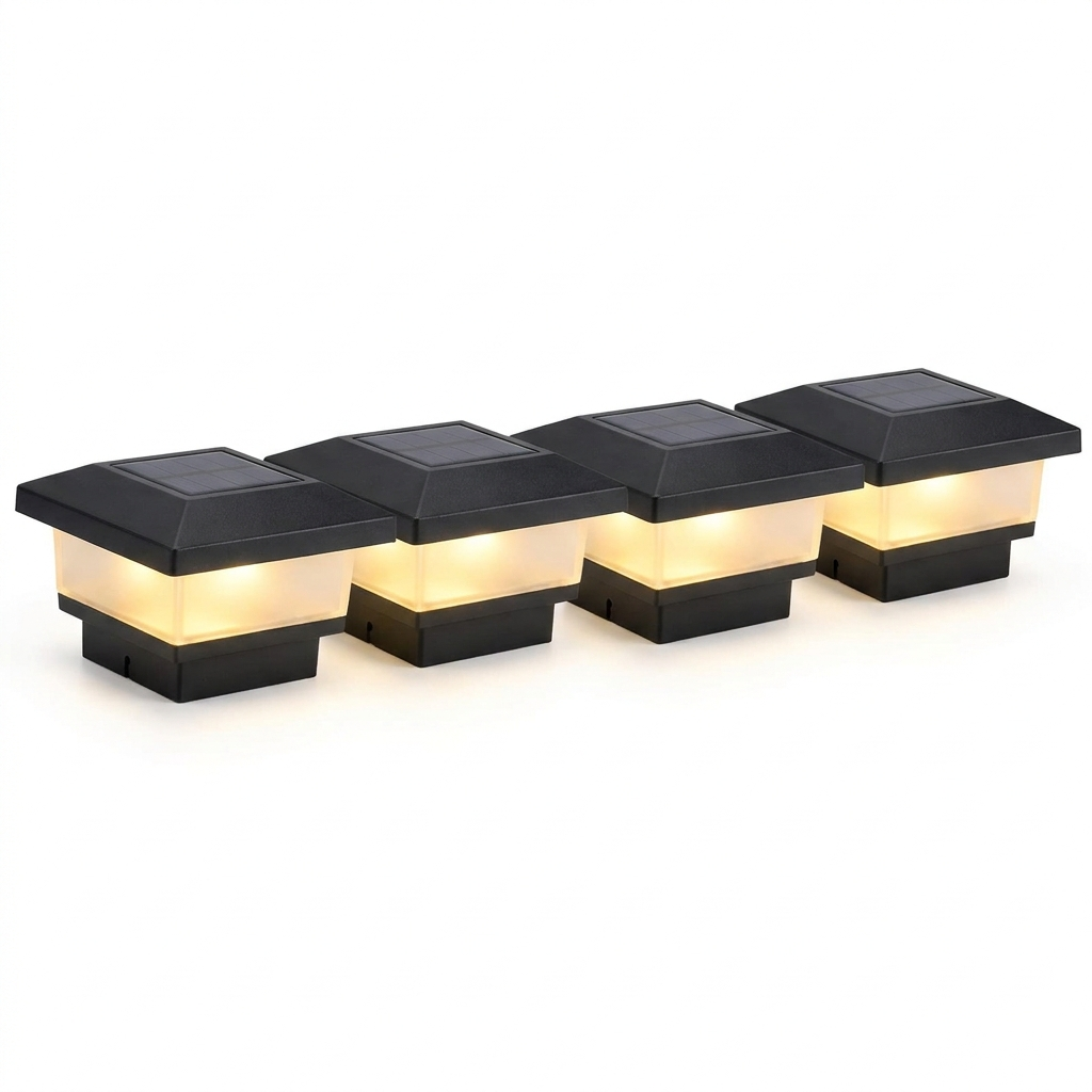 Solar deck post cap lights 4 pack on white background