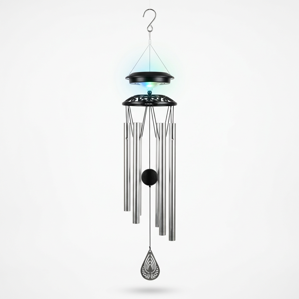 Solar LED wind chimes colour changing on white background