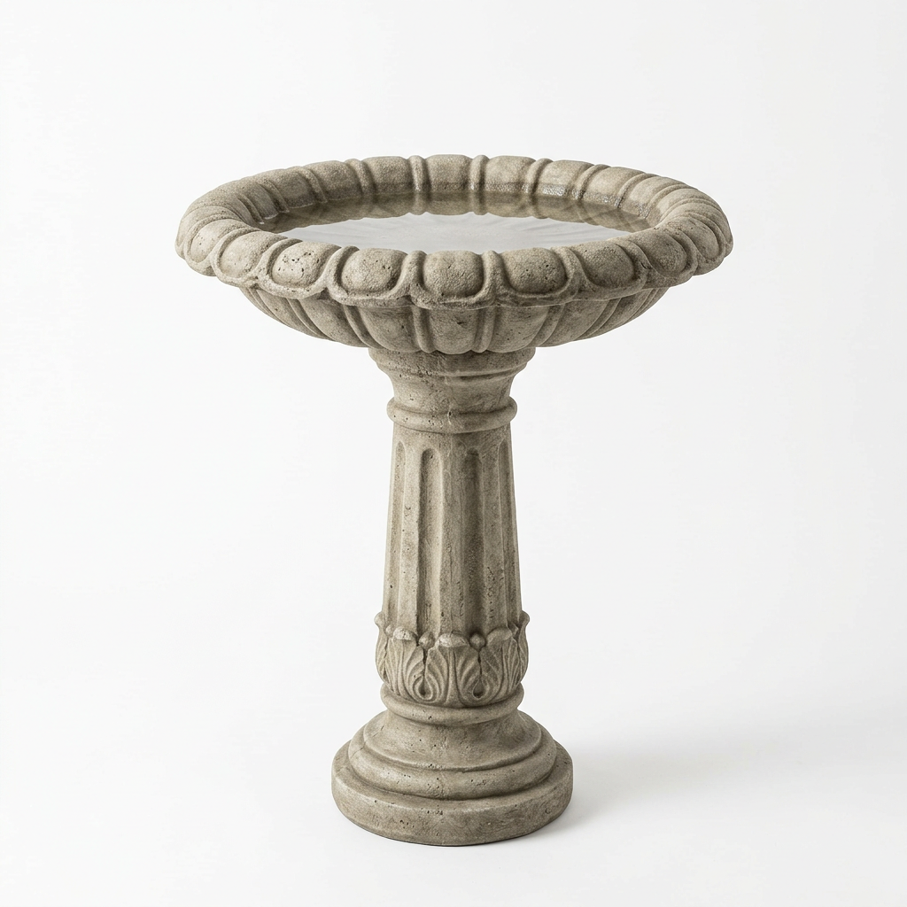 Classic pedestal bird bath on white background