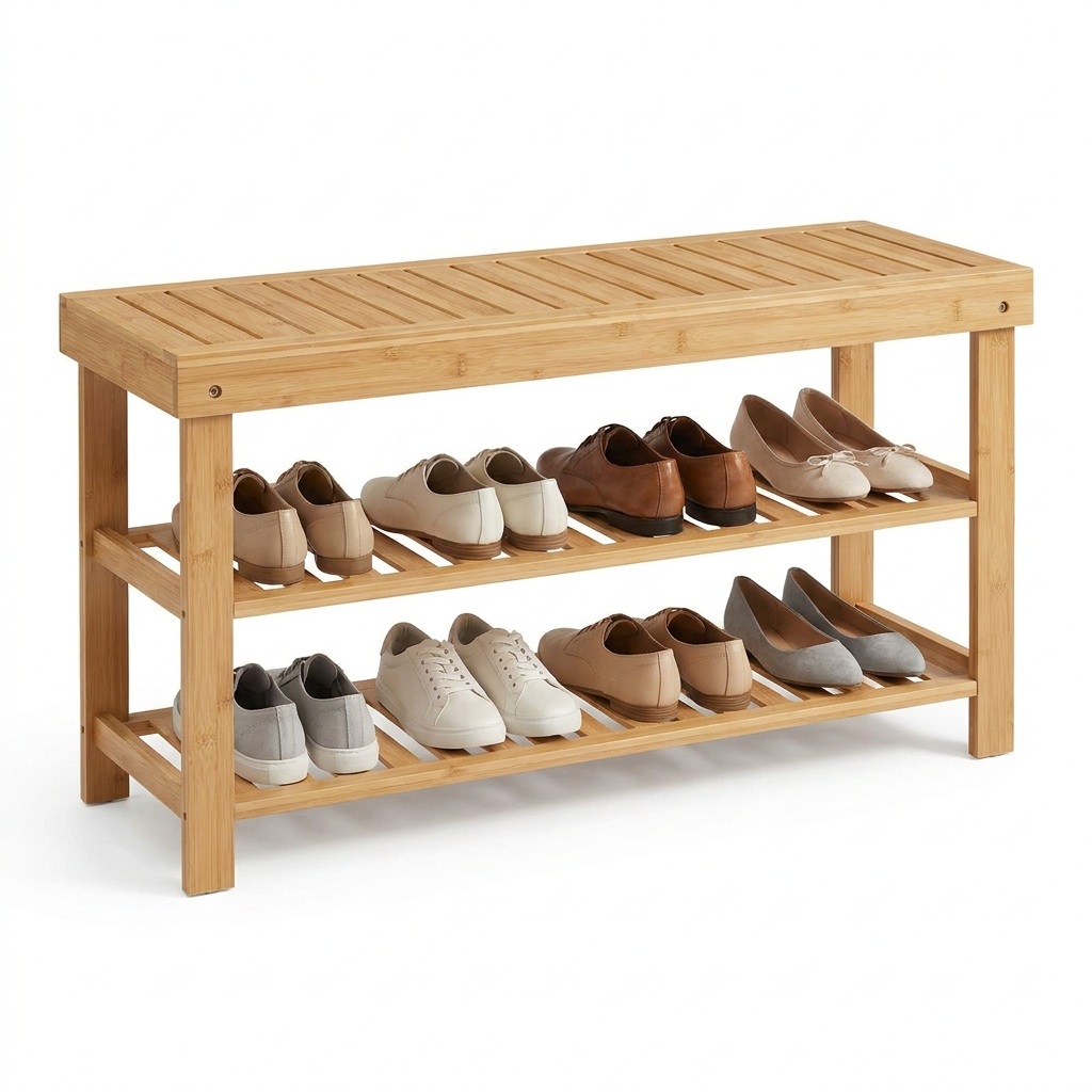 Bamboo shoe rack bench on white background