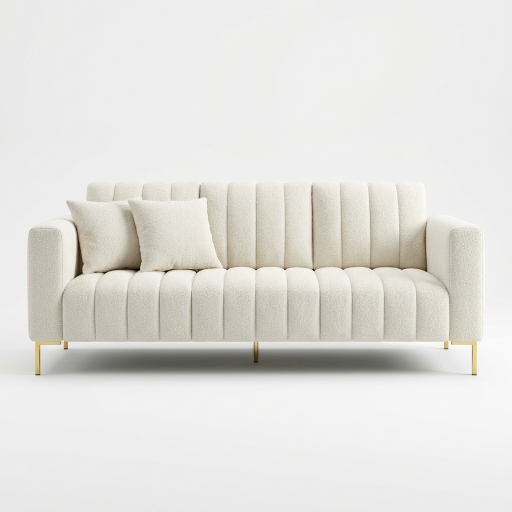 Cream boucle fluted sofa with gold legs on a white background