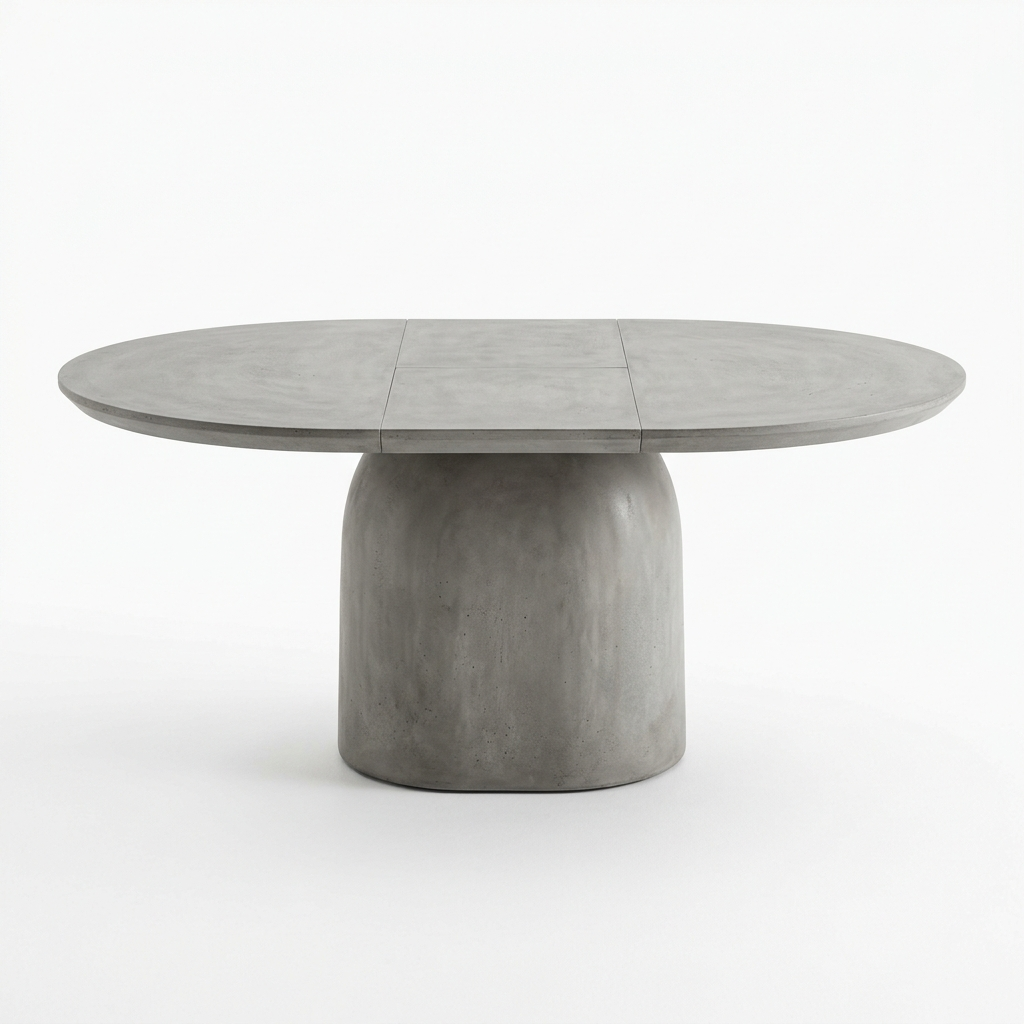 Concrete grey extendable pedestal dining table on a white background