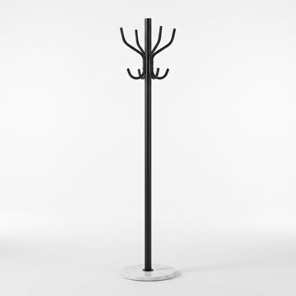 Black metal coat rack with marble base on a white background