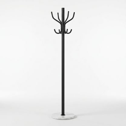 Black metal coat rack with marble base on a white background