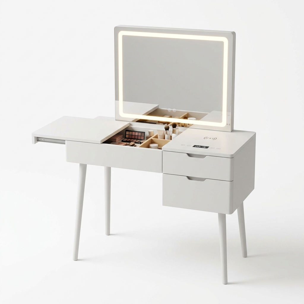 White smart dressing table with LED mirror on a white background