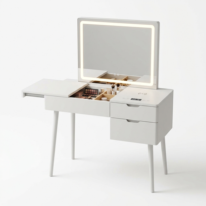 White smart dressing table with LED mirror on a white background