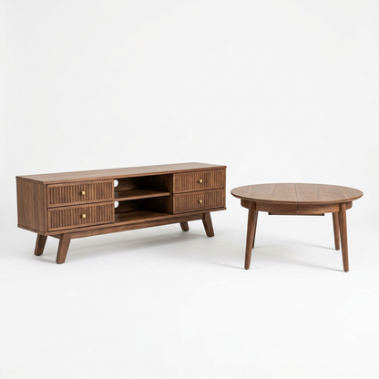 Walnut TV stand and coffee table set on a white background