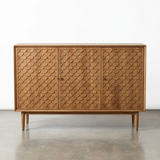 Scale-patterned wood sideboard on a white background