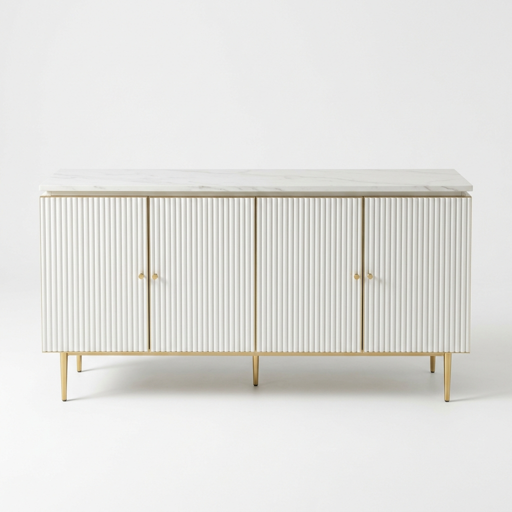 White fluted buffet sideboard with stone top on a white background