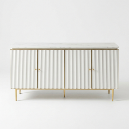 White fluted buffet sideboard with stone top on a white background