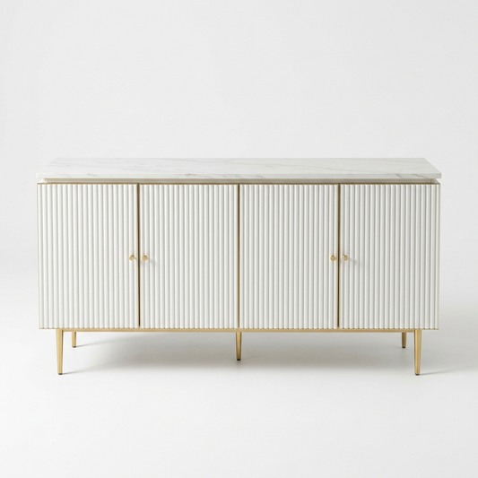 White fluted buffet sideboard with stone top on a white background