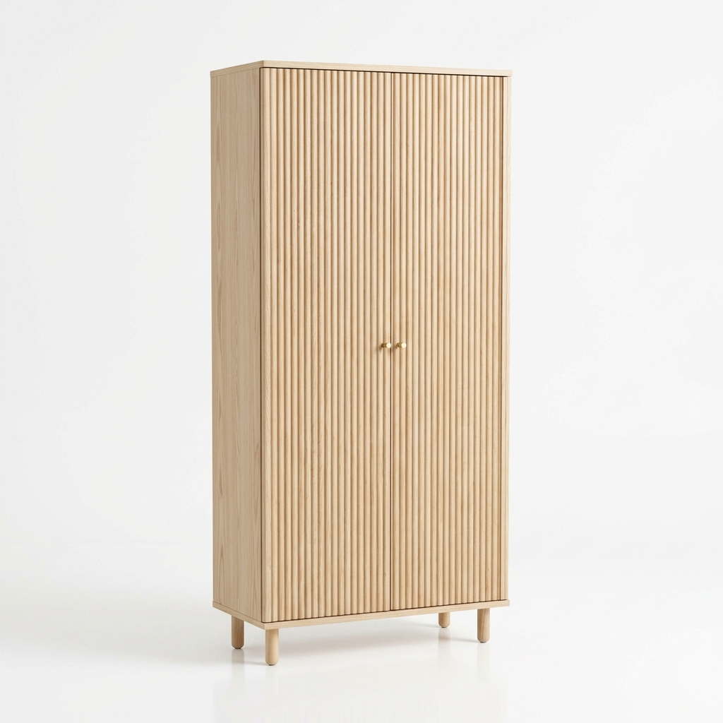 Ash wood fluted shoe storage cabinet on a white background