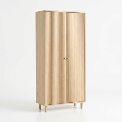Ash wood fluted shoe storage cabinet on a white background