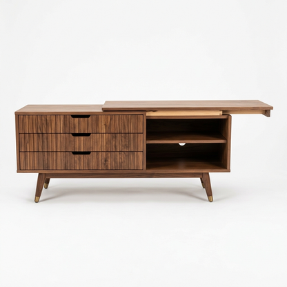 Walnut extendable TV stand on a white background