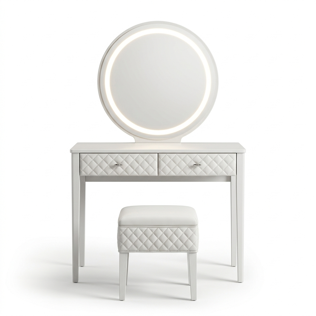 White leather makeup vanity set with LED mirror and stool on white background