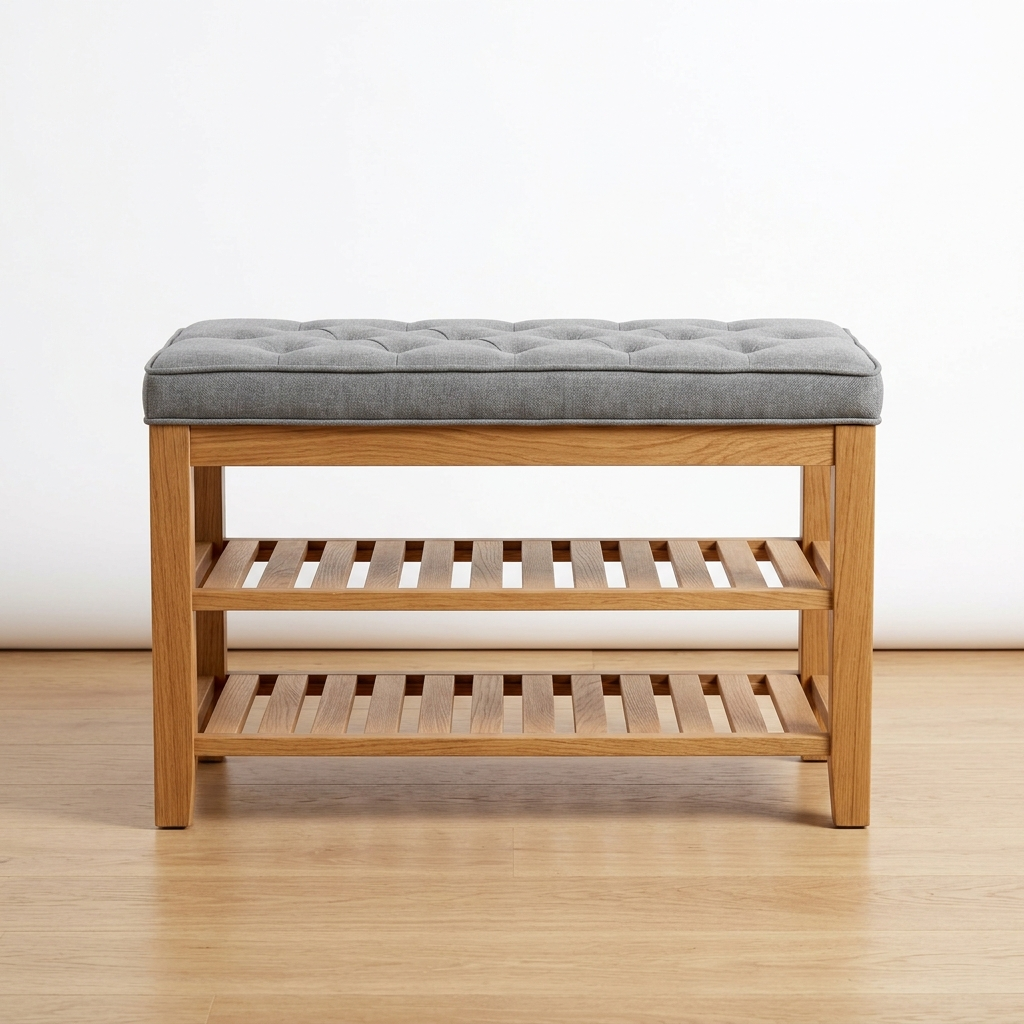 Wooden shoe storage bench with cushion on a white background